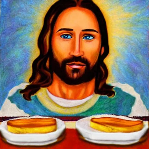 Prompt: photo realistic portrait of jesus eating toast, made with crayons