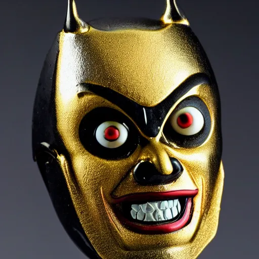 Prompt: Photo of an Evil moon-face action figure, japanese action figure, horror, gold and black color scheme