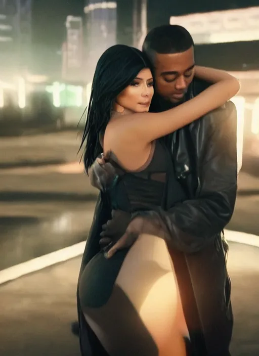 Prompt: film still of kylie Jenner hugging kim kardashian romanticly, scenic cyberpunk city backround, cinematic lighting, cinematic