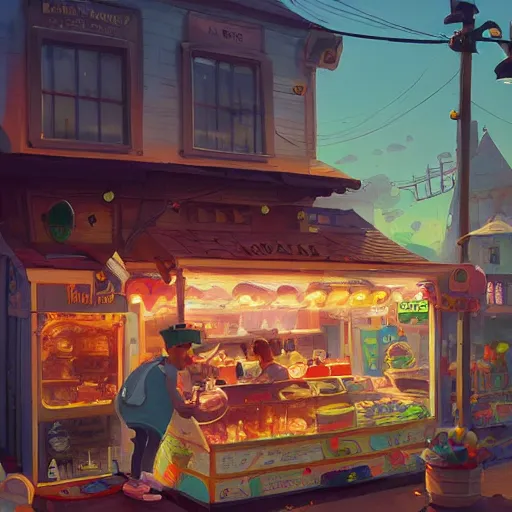 Image similar to Busytown ice cream shop, epic, fun, optimistic colors, by Greg Rutkowski