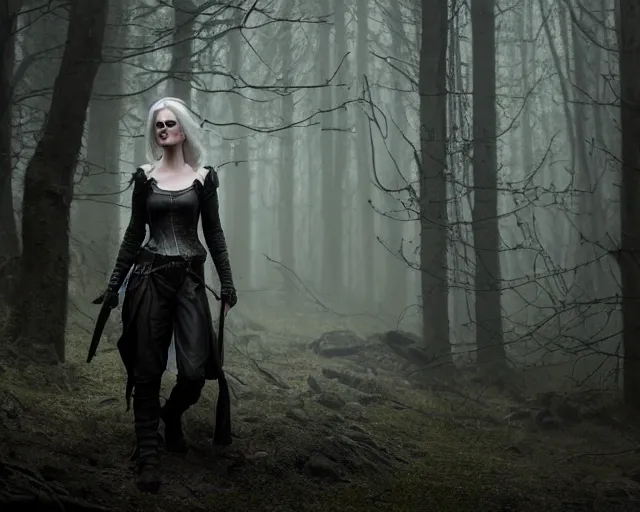 Image similar to 5 5 mm portrait photo of a real life tough looking eva green as ciri in leather armor with silver hair and a large scar along her left cheek, in a magical forest. dark atmosphere. art by greg rutkowski. highly detailed 8 k. intricate. lifelike. soft light. nikon d 8 5 0.