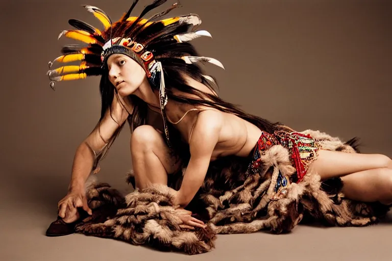 Prompt: a woman in a buffalo headdress sitting on the ground with one leg raised, cosplay, photoshoot, studio lighting, photograph by Bruce Weber
