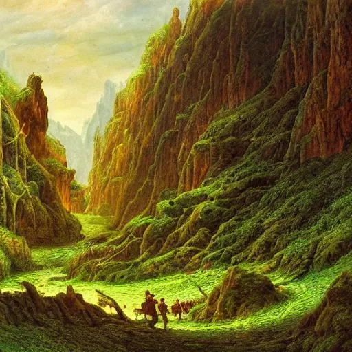 Image similar to a beautiful and highly detailed oil painting of a lost valley in the mountains, intricate details, epic scale, insanely complex, 8 k, sharp focus, hyper realism, fantasy landscape, psychedelic, by caspar friedrich,