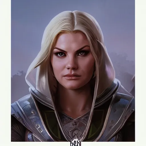 Image similar to front centered symmetrical portrait, Elisha Cuthbert as a D&D paladin, dramatic lighting, cinematic, establishing shot, high detail, photo realistic, cinematic lighting, post processed, 8k, concept art, artstation, matte painting, in the style of eddie mendoza, raphael lacoste, alex ross