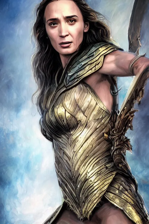 Image similar to A fantasy comic book style portrait painting of, hybrid of Emily Blunt, Gal Gadot, as an Atlantean, Reptilian Warrior, Mystical Valkyrie, Armor, Sword, Archer Bow, Spear, Sheild, François Boucher, Oil Painting, unreal 5, DAZ, hyperrealistic, octane render, Regal, Refined, Coherent, Detailed Digital Art, RPG portrait, Michael Cheval, William-Adolphe Bouguereau, Walt Disney (1937), Steampunk, dynamic lighting, Highly Detailed, Cinematic Lighting, Unreal Engine, 8k, HD