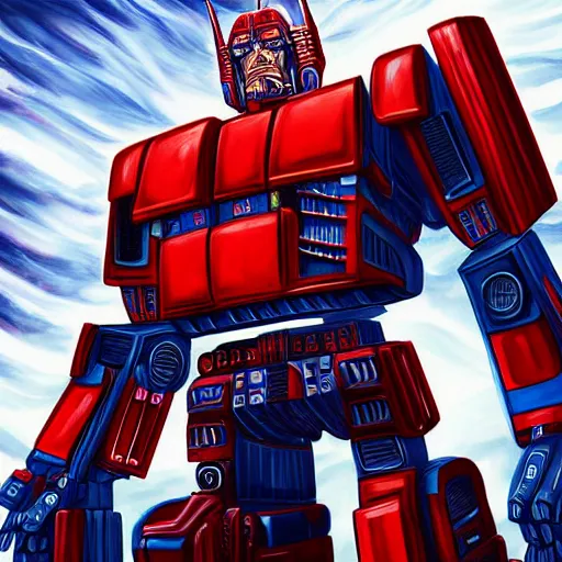 Prompt: hyperdetailed digital painting of Optimus Prime, trending on Artstation