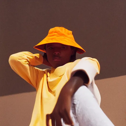 Image similar to realistic photoshooting for a new arcteryx lookbook, color film photography, portrait of a beautiful woman, model is wearing a bucket hat, photo in style of tyler mitchell, 3 5 mm,