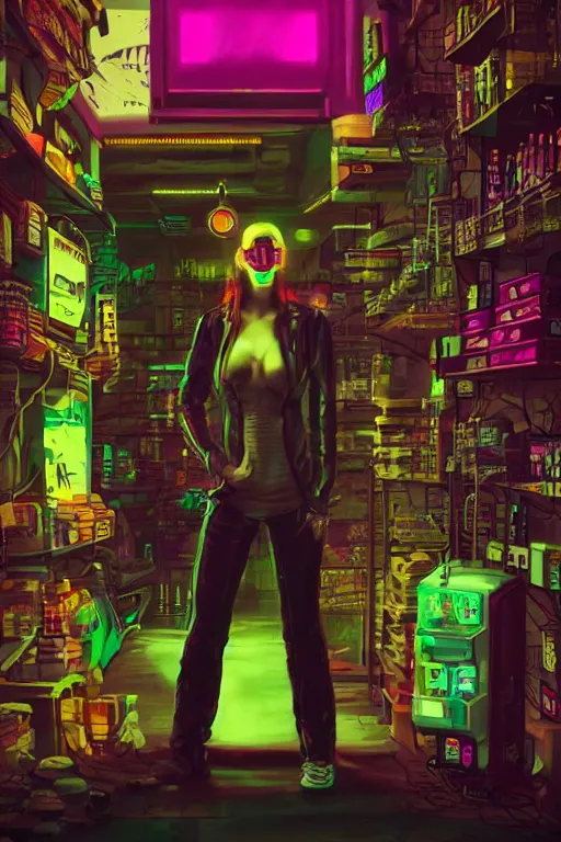 Image similar to cyberpunk shopkeeper, glow, sharp focus, beautiful, grunge, fantasy, cyber