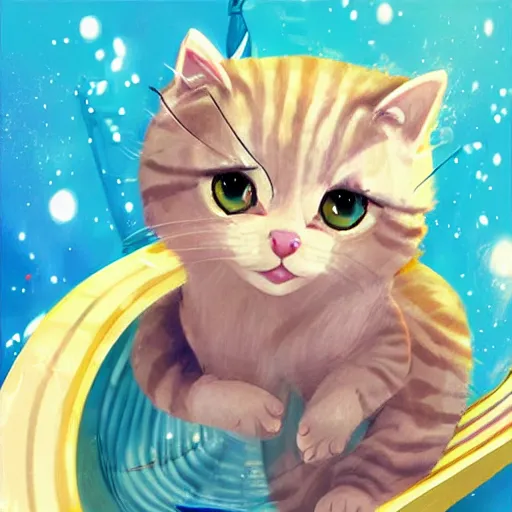 Image similar to a cute cat sliding down a water slide, digital art by Kawacy