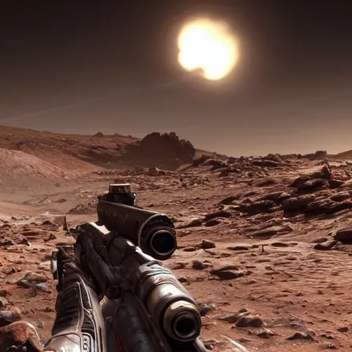 Image similar to new call of duty ps 5 game set on mars, 8 k, hd,