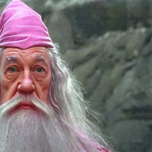 Image similar to gandalf with a pink bowtie on his head, movie still from Lord of the Rings