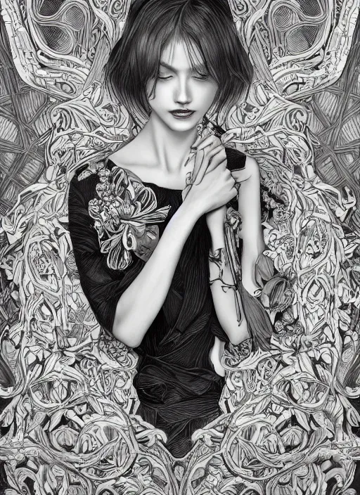 Image similar to the portrait of an unbelievably beautiful, elegant, sensual, and sophisticated young woman, an ultrafine detailed illustration by james jean, intricate linework, bright colors, final fantasy, behance contest winner, vanitas, angular, altermodern, unreal engine 5 highly rendered, ethereal, ominous, detailed and intricate environment