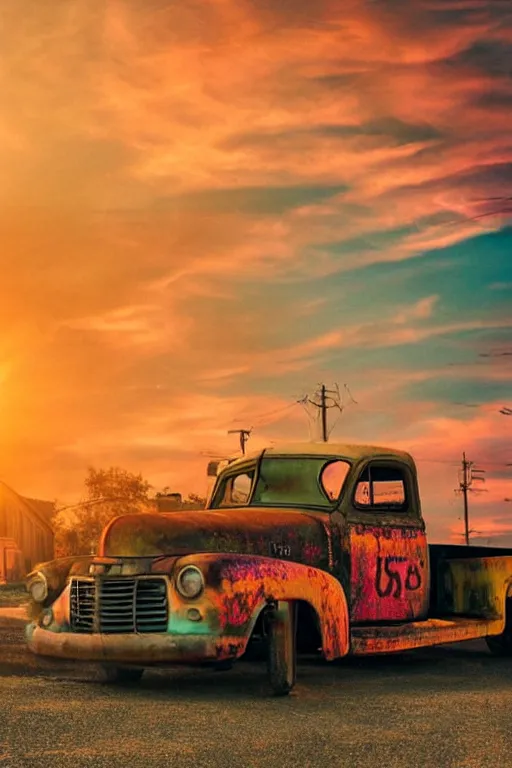 Image similar to a sunset light landscape with historical route 6 6, lots of sparkling details and sun ray ’ s, blinding backlight, smoke, volumetric lighting, colorful, octane, 3 5 mm, abandoned gas station, old rusty pickup - truck, beautiful epic colored reflections, very colorful heavenly, softlight