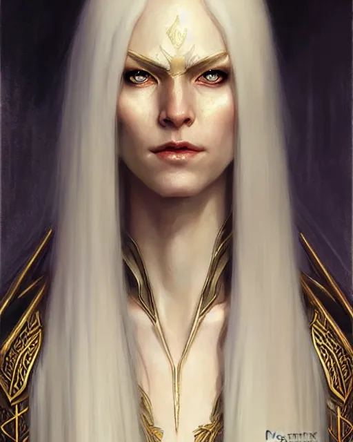 Image similar to tall slender elven queen on the throne, long white hair, pale skin, golden eyes | | realistic shaded, fine details, fine - face, realistic shaded lighting poster by greg rutkowski, magali villeneuve, artgerm, jeremy lipkin, michael garmash, rob rey