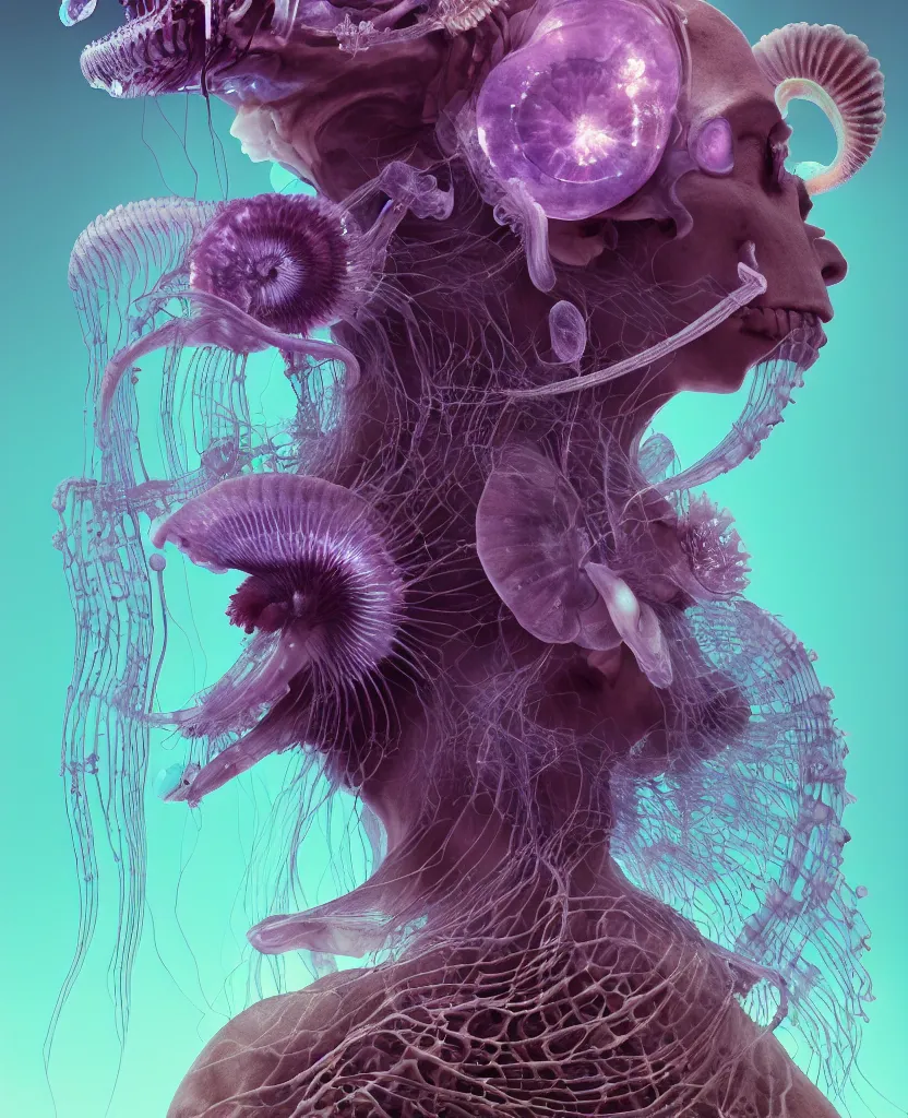 Image similar to goddess close-up portrait ram skull, thorax, x-ray, backbone, jellyfish phoenix head, nautilus, orchid, skull, betta fish, bioluminiscent creatures, intricate artwork by Tooth Wu and wlop and beeple. octane render, trending on artstation, greg rutkowski very coherent symmetrical artwork. cinematic, hyper realism, high detail, octane render, 8k