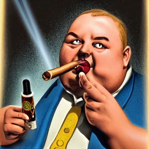 Prompt: sad fat man smoking a cigar with a laser gun portrait