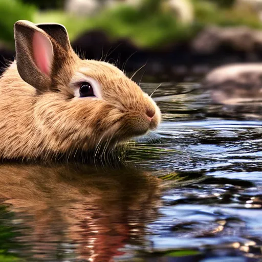 Prompt: a rabbit kayaking on a small river, photorealism 4k