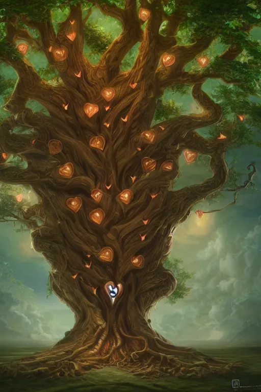 Image similar to A beautiful digital illustration painting of a detailed fantasy tree with a heart carved in the trunk by Blair Leighton and Charlie Bowater, 8k resolution trending on Artstation concept art digital illustration