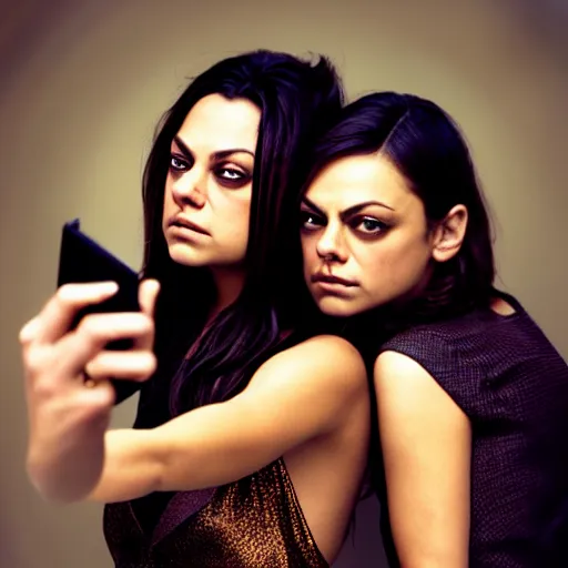 Image similar to Selfie photograph of Mila Kunis and Mila Kunis, golden hour, 8k, photographed by Erwin Olaf