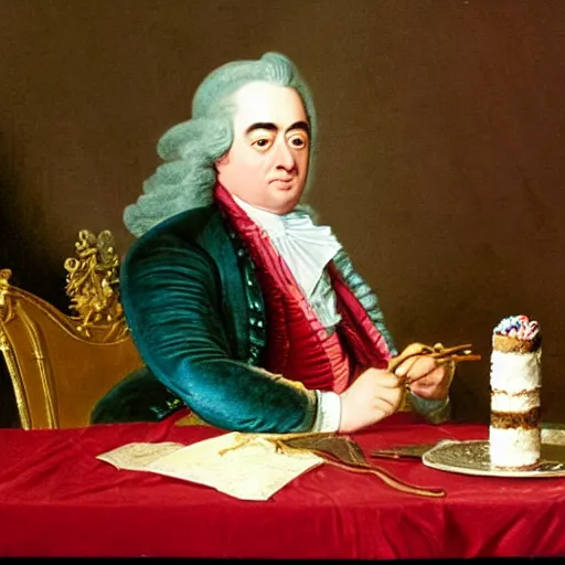 Image similar to colorized photo of G.F. Handel in powdered wig eating cake