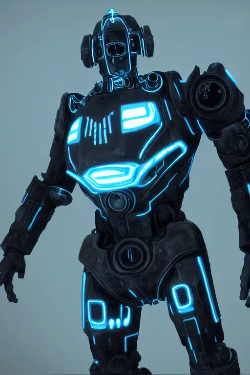 Image similar to highly detailed tron themed fallout 4 power armor, realistic cgi render, unreal engine,