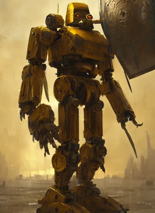 Image similar to human-sized strong intricate yellow pit droid carrying very detailed perfect antique great sword and beautiful large paladin shield, pancake short large head, exposed metal bones, painterly humanoid mecha, slightly far away, by Greg Rutkowski