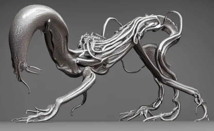 Prompt: stylized shiny polished silver statue full body extra limbs bizarre cosmic horror quadruped animal four legs made of marble of slug creature tendrils, perfect symmetrical body, perfect symmetrical face, hyper realistic, hyper detailed, by johannen voss, by michelangelo, octane render, blender, 8 k, displayed in pure white studio room