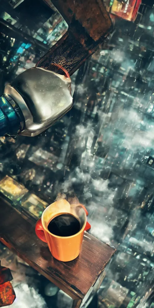 Image similar to metal mug, filled with steaming hot coffee, standing on a table. future. japan. cyberpunk style. closeup. colorful.