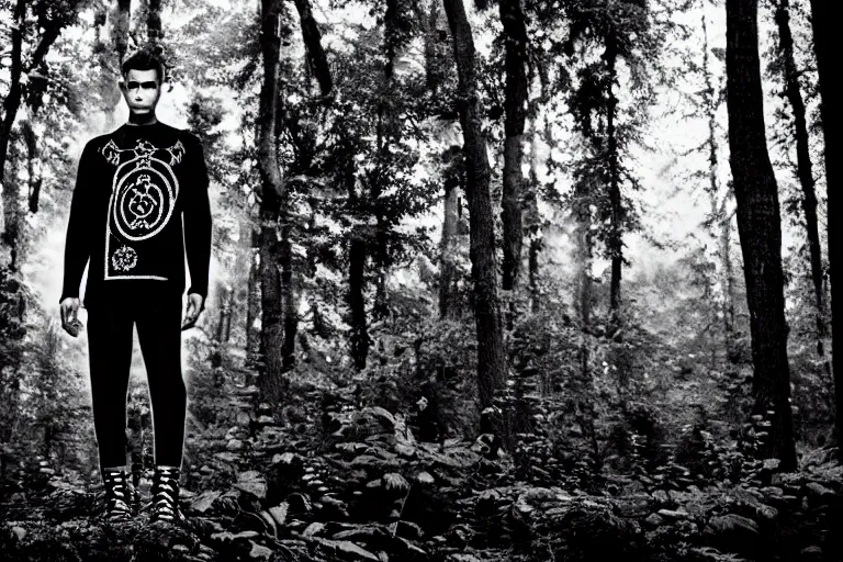 Prompt: versace avant garde male tunics intricate choatic textiles streetwear cyberpunk posing in the woods trees cloudy overcast dark late evening dramatic mysterious 3 5 mm professional