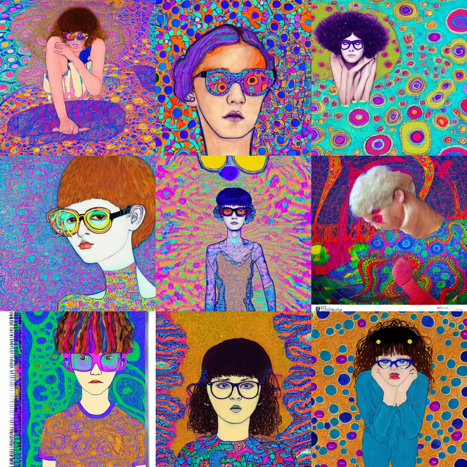 Prompt: klimt style teen girl short shaggy asymetrical haircut and thin blue frame glasses, dressed in lace, laying over a colorful and bright trippy victor moscoso floor . lsd colorful bedroom, diary and pen on her hand