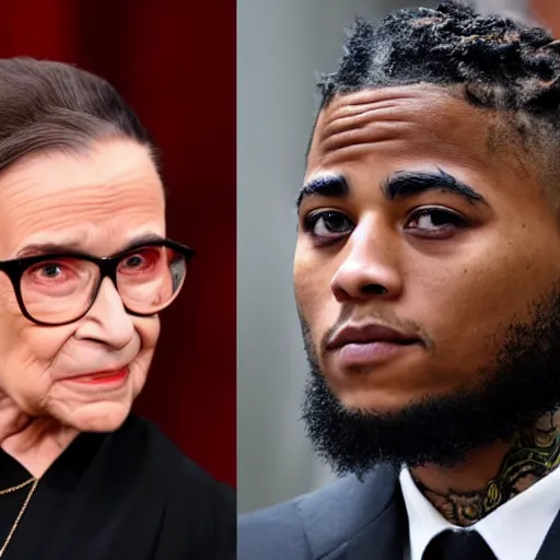 Prompt: half of ruth bader ginsburgs face split next to half of xxxtentacions face