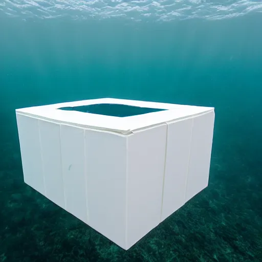 Prompt: white cube floating underwater