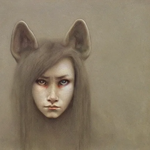 Prompt: portrait painting of 16 years old werewolf (((human))) girl, by Beksinski