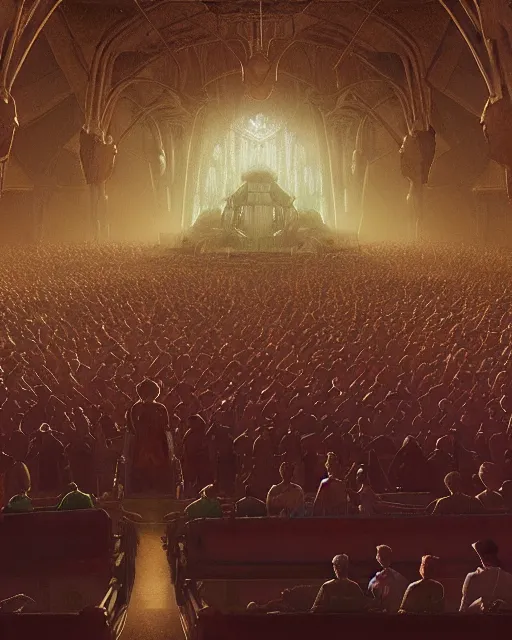 Image similar to fantasy movie scene digital matte painting of a crowd in a futuristic church by craig mullins and ghibli, strong contrast, priest, pews, ethereal, inviting, bright, raking light, unreal engine 5, hyper realism, realistic shading, cinematic composition, blender render, octane render, hdr, detailed textures, photorealistic, wide shot