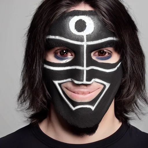 Image similar to professional digital art of a young adult man with slightly long hair wearing a black face mask and a form-fitting dark sweatshirt, high quality, HD, 8K, highly detailed, award-winning, fancy apartment