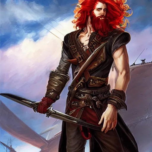 Image similar to an epic fantasy comic book style portrait painting of a long haired, red headed male sky - pirate in front of an airship in the style of bayard wu