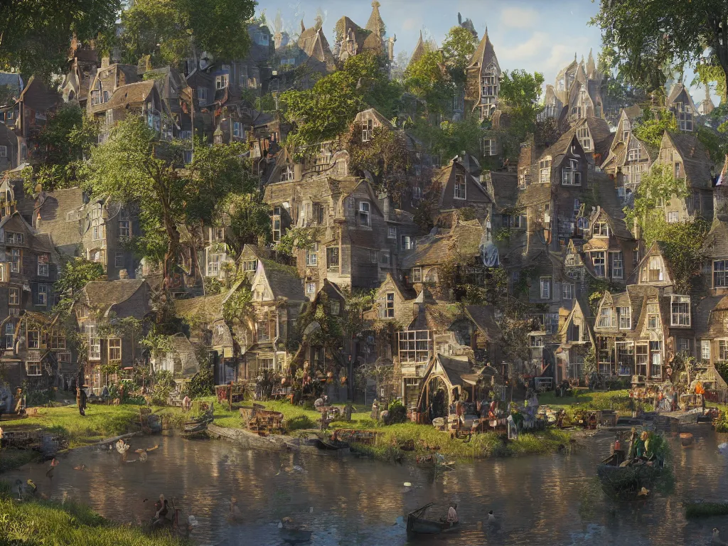 Image similar to a magical village on a slow day, inspired by victorian england and amsterdam, sunny weather, highly detailed, intricate, digital painting, trending on artstation, concept art, matte painting, art by greg rutkwowski, craig mullins, octane render, 8 k, unreal engine