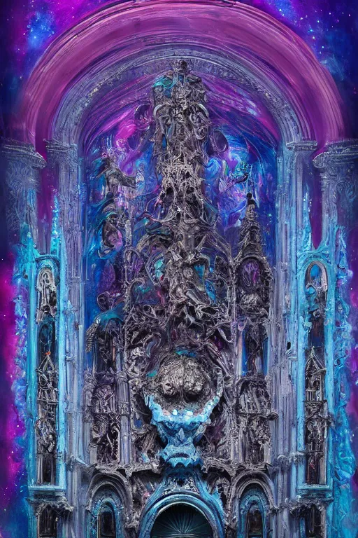 Prompt: intricately detailed calm warm terrifying forms and made of soft translucent blue and violet plastic, glowing cosmic nebulae in an ornate rococo cathedral, intricately detailed colorful modern style by Damien Hirst, Artstation