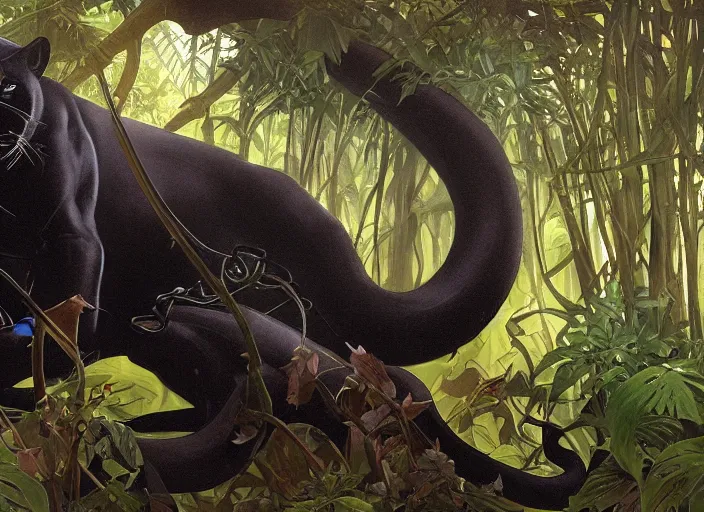 Image similar to animal concept of a black panther melanistic deep black leopard killing a snake, hunting an anaconda, on Singaporean forest tree, jungle, accurately portrayed, portrait art by alphonse mucha and greg rutkowski, highly detailed, digital painting, concept art, illustration, dim lighting with twilight rays of sunlight, trending on artstation, very detailed, smooth, sharp focus, octane render, close up