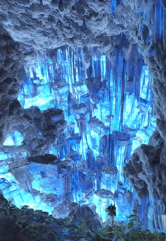 Prompt: an explorer lookup up at the entrance to a stylized maze made of blue gel, deep underground waterfalls, beautiful matte painting, ultra detailed, 8 k render