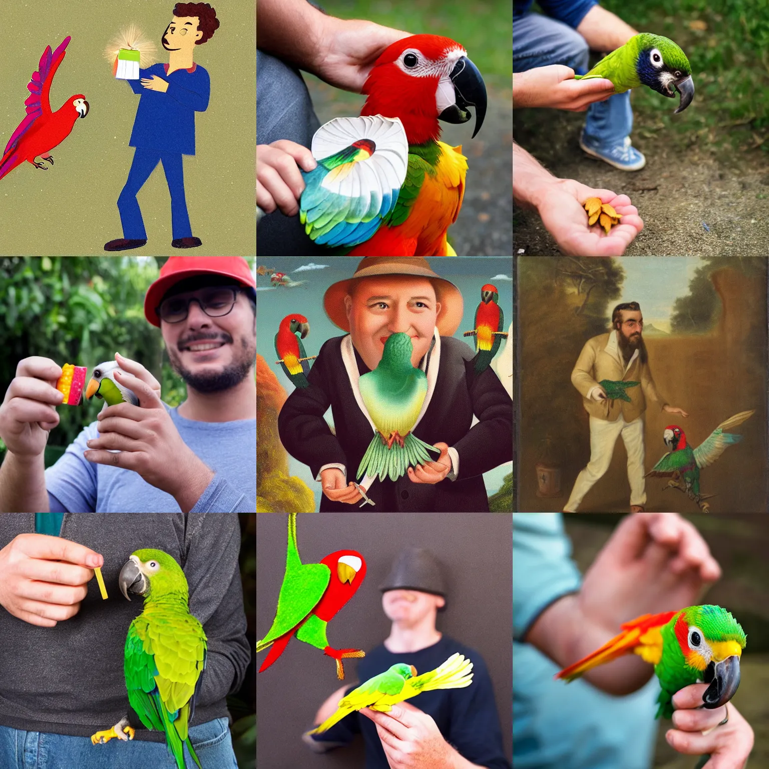 Prompt: man holding cracker and chasing parrot