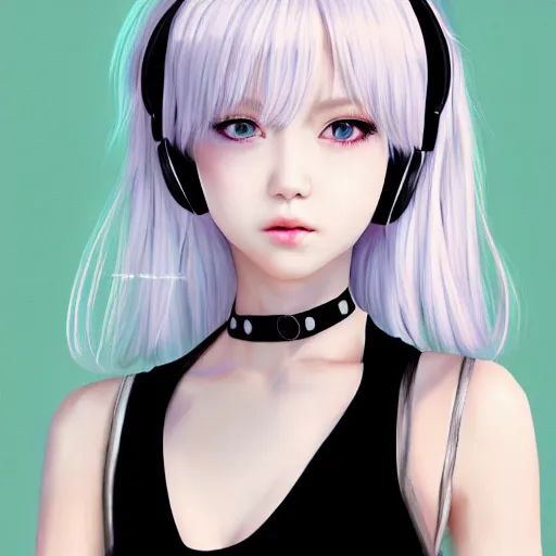 Image similar to realistic detailed semirealism beautiful gorgeous cute Blackpink Lalisa Manoban white hair white cat ears blue eyes, wearing black camisole maid outfit, headphones, black leather choker full HD 4K high resolution quality WLOP, Aztodio, Taejune Kim, Guweiz, Pixiv, Instagram, Artstation