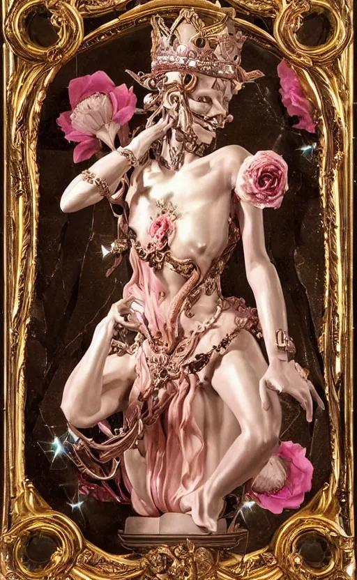 Image similar to a young beautiful Italian metal android with a large glowing pink crystal in the center of her chest, full-body bronze cyberpunk style statue of Andromeda with glowing red eyes, crown of mechanical peach roses, flowing peach silk, fabric, steampunk flowers. baroque elements, human skull. full-length view. baroque element. intricate artwork by caravaggio. many flying horses on background. Trending on artstation, octane render, cinematic lighting from the right, hyper realism, octane render, 8k, depth of field, 3D