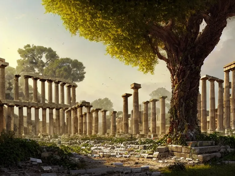 Image similar to tree growing in ancient greek ruins, gray wasteland, many scrap cars, plastic waste, rubble, pillars, flowers, vines, hyperrealistic, highly detailed, cinematic, single ray of golden sunlight, beautiful, cgssociety, artstation, 8 k, oil painting by greg rutkowski, by artgerm, by wlop