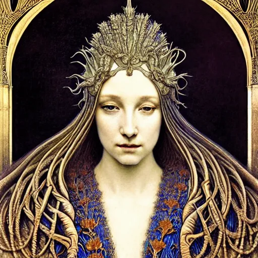 Prompt: detailed realistic beautiful young medieval queen face portrait by jean delville, gustave dore, iris van herpen and marco mazzoni, art forms of nature by ernst haeckel, art nouveau, symbolist, visionary, gothic, pre - raphaelite, horizontal symmetry