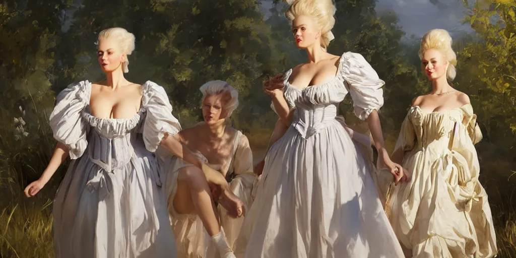 Prompt: three beautiful finnish norwegian scandinavian attractive glamour models as marie antoinette wearing 1 7 th century french off - the - shoulder neckline bodice walking in a field sunny day, jodhpurs greg manchess painting by sargent and leyendecker, studio ghibli fantasy half body shot asymmetrical intricate elegant matte painting illustration hearthstone, by greg rutkowski by greg tocchini by james gilleard