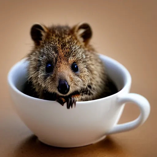 Image similar to baby quokka in a teacup, photography, minimalistic, 8 k