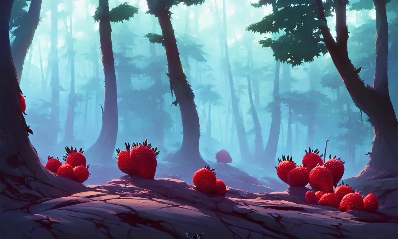 Image similar to Dark forest strawberries, behance hd by Jesper Ejsing, by RHADS, Makoto Shinkai and Lois van baarle, ilya kuvshinov, rossdraws global illumination