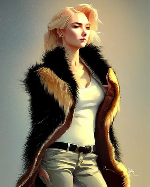 Image similar to fur - lined dragonhide jacket!!! beautiful and elegant female!! gorgeous ayes!! golden face ratio! character concept art, sharp focus, illustration, artgerm!! greg rutkowski! wlop!! ilya kuvshinov!! charlie bowater! octane render! unreal engine 5! highly rendered!! trending on artstation!!