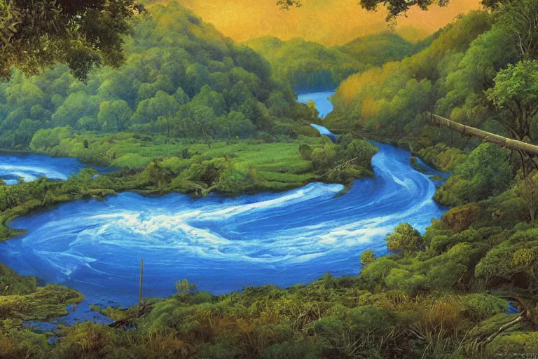 Prompt: two rivers converge to form one larger river, appalachian mixed mesophytic forest, vibrant blue sky background, by Cortes Thurman the greatest Barbizon-influenced concept artist ever known and by Joe Jusko, rendered in hyperdetailed Ultra HD, trending on ArtStation, vespertine gouache on glossy paper